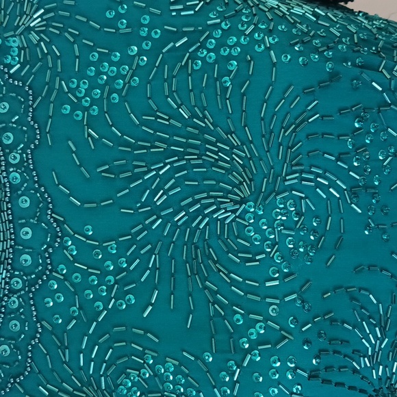 Vintage Sequin dress round neck short sleeve mini silk teal green size 6-8 - Picture 3 of 13